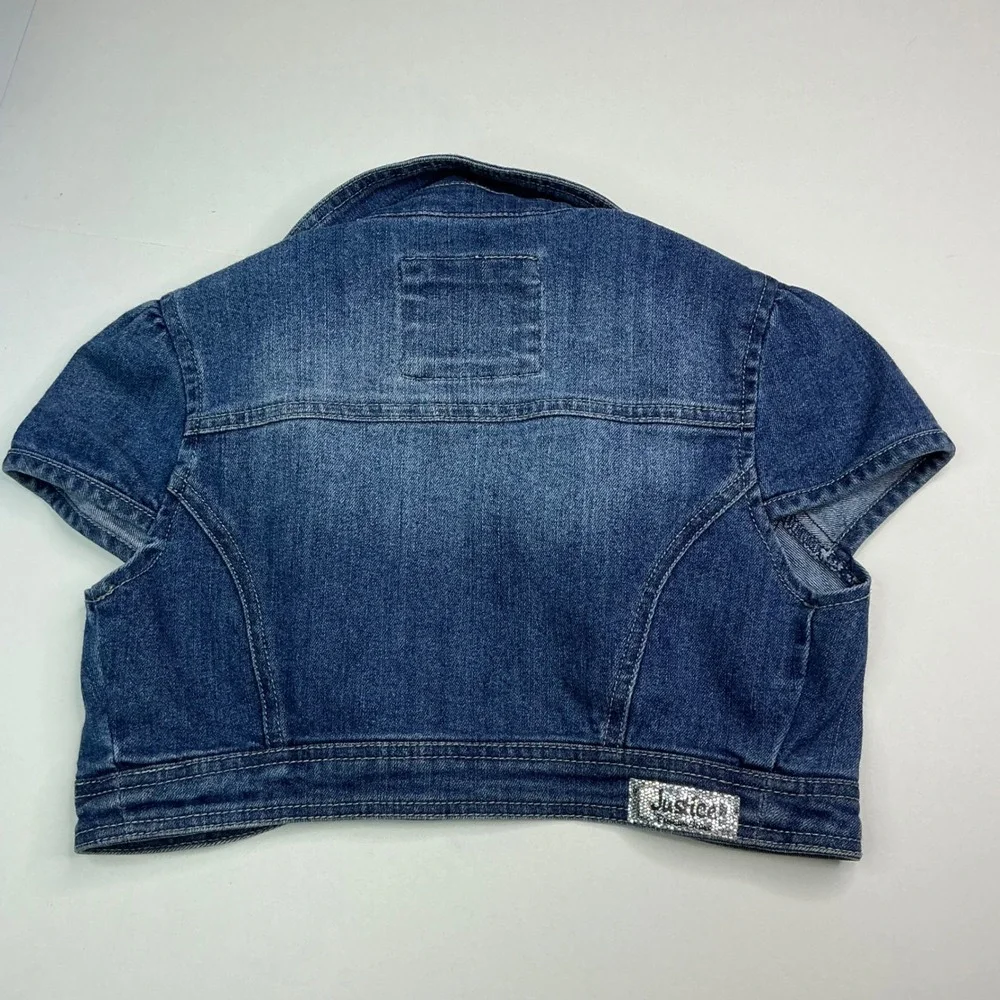 Justice Blue Denim Bolero Shrug Kids 8/10 Rhinestone Embellished Cap Sleeve